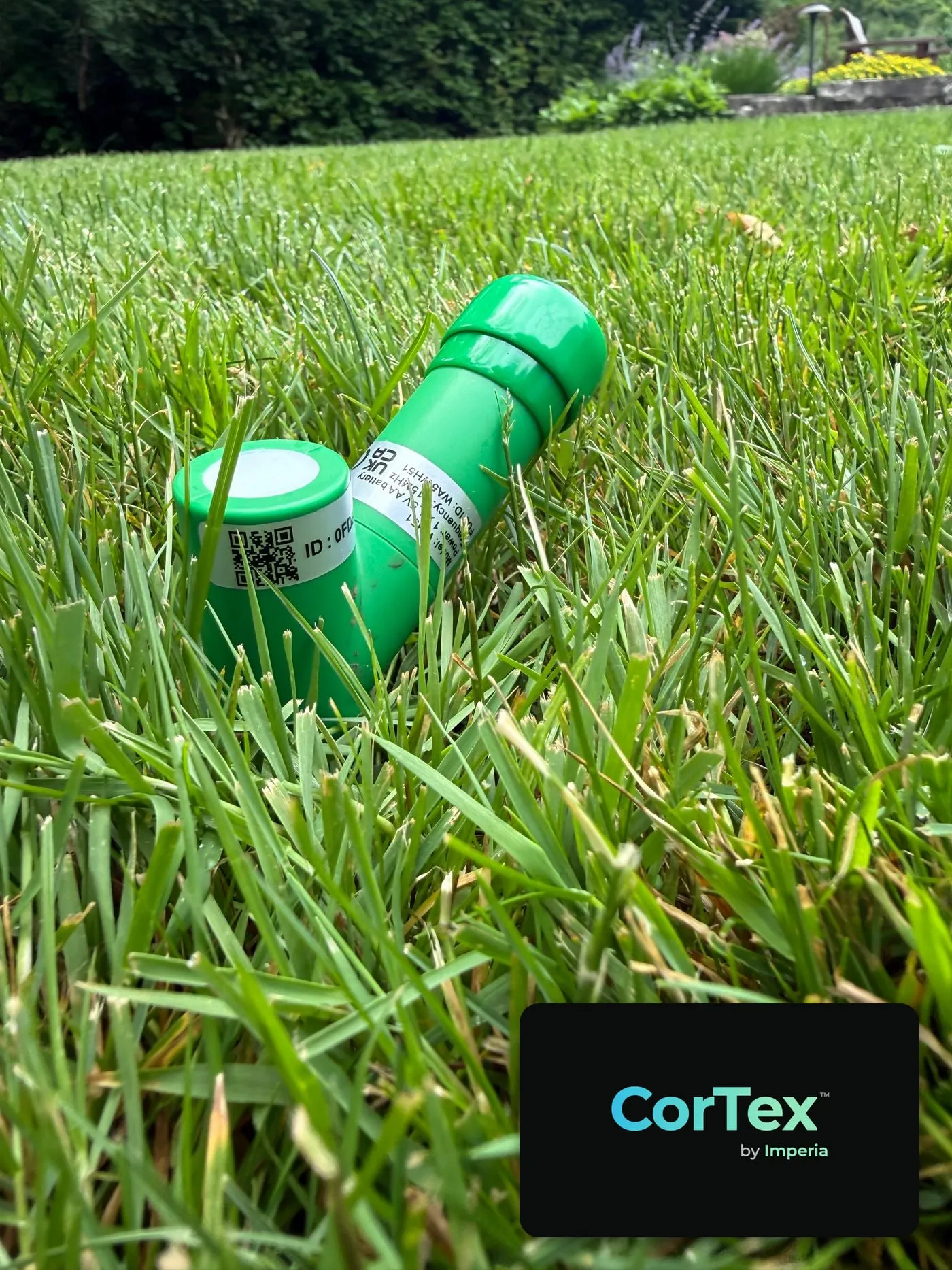 A soil-moisture sensor in the lawn, branded with the CorTex wordmark
