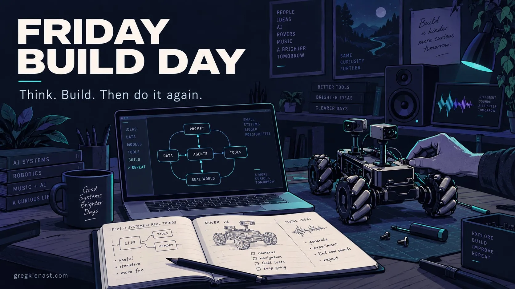 Friday Build Day illustration: a laptop showing an agent workflow diagram, a small mecanum-wheel rover, and a notebook of rover and music sketches on a workbench.