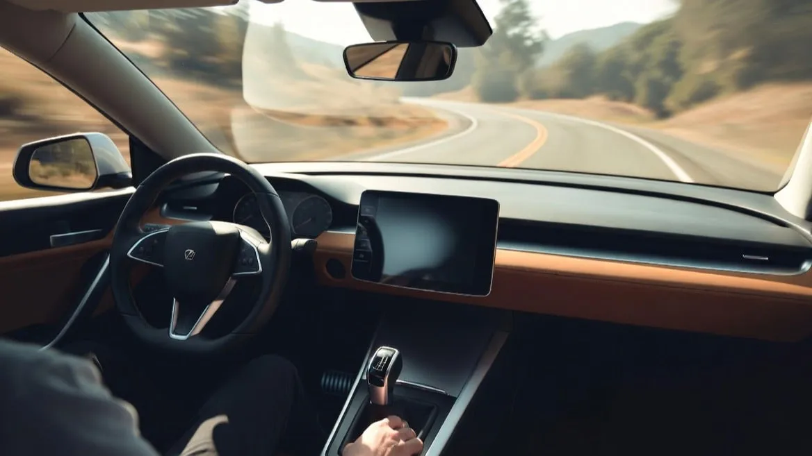 View from inside a car, a hand on the gear shifter and an open winding road ahead through the windshield