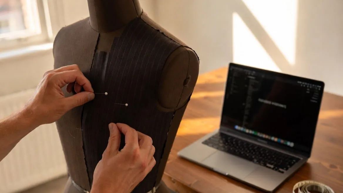 A tailor pins a half-finished bespoke jacket on a form beside an open laptop in a sunlit studio