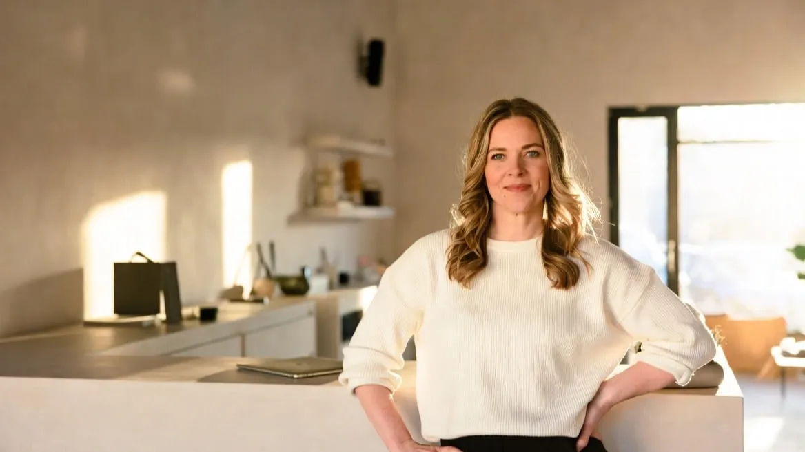 A confident independent business owner standing in a clean, light-filled space with a laptop on the counter behind them
