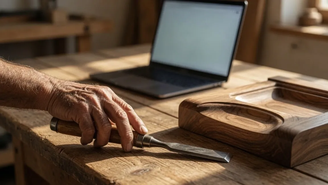 A craftsman's hand resting on a chisel beside a finished wood piece on a sunlit workbench, a laptop glowing in the background