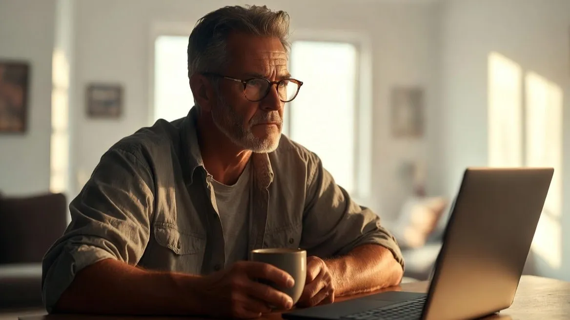 A small-business owner with a coffee mug at a laptop in a bright, airy home office