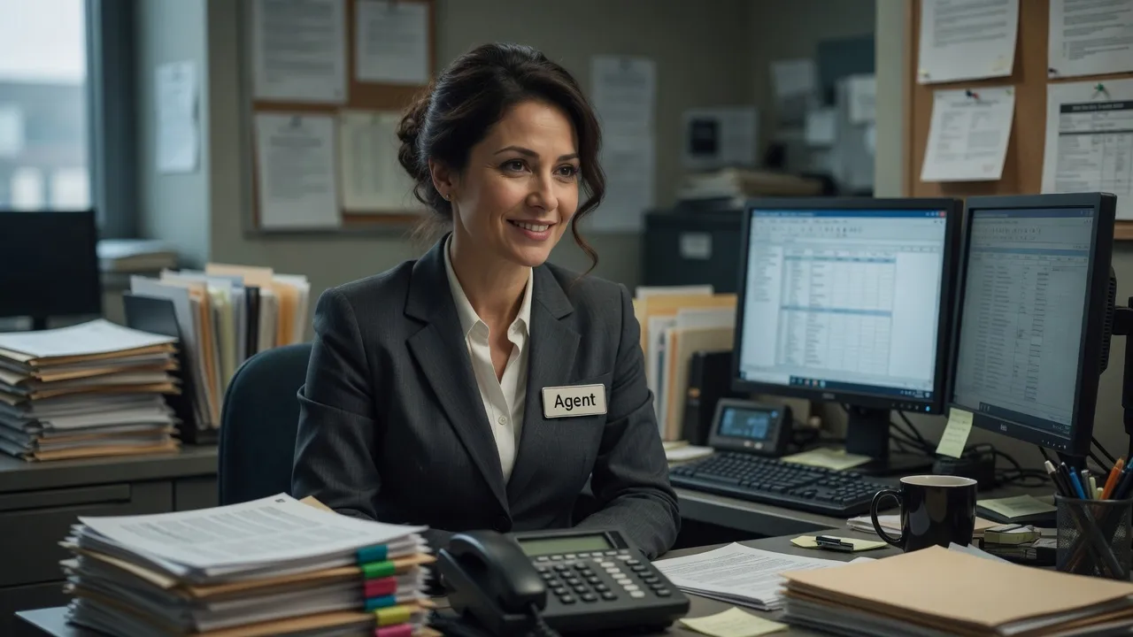 A business operator at a desk surrounded by paper files, process documents, and computer screens, wearing an Agent badge