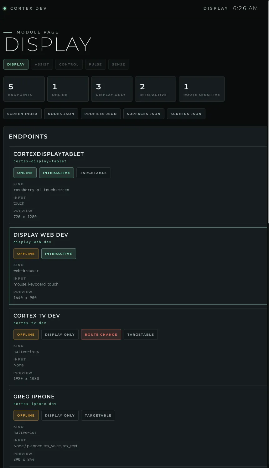 The CorTex Dev tool showing the Display module: a registry of display surfaces (tablet, web, tvOS, iOS) with each one's kind, capabilities, and status