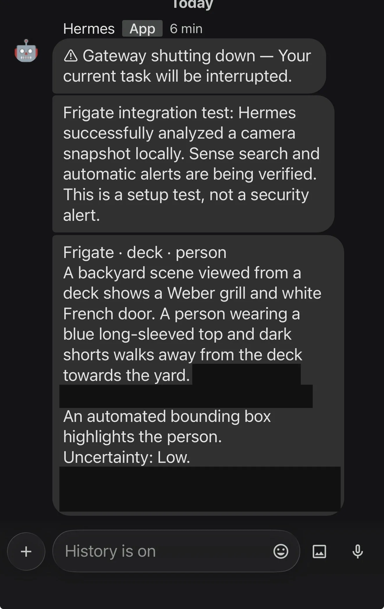 Chat screenshot of Hermes describing a Frigate deck camera event: a backyard scene with a Weber grill and a person walking away from the deck. The event ID, the camera link, and one background detail are covered with dark boxes.