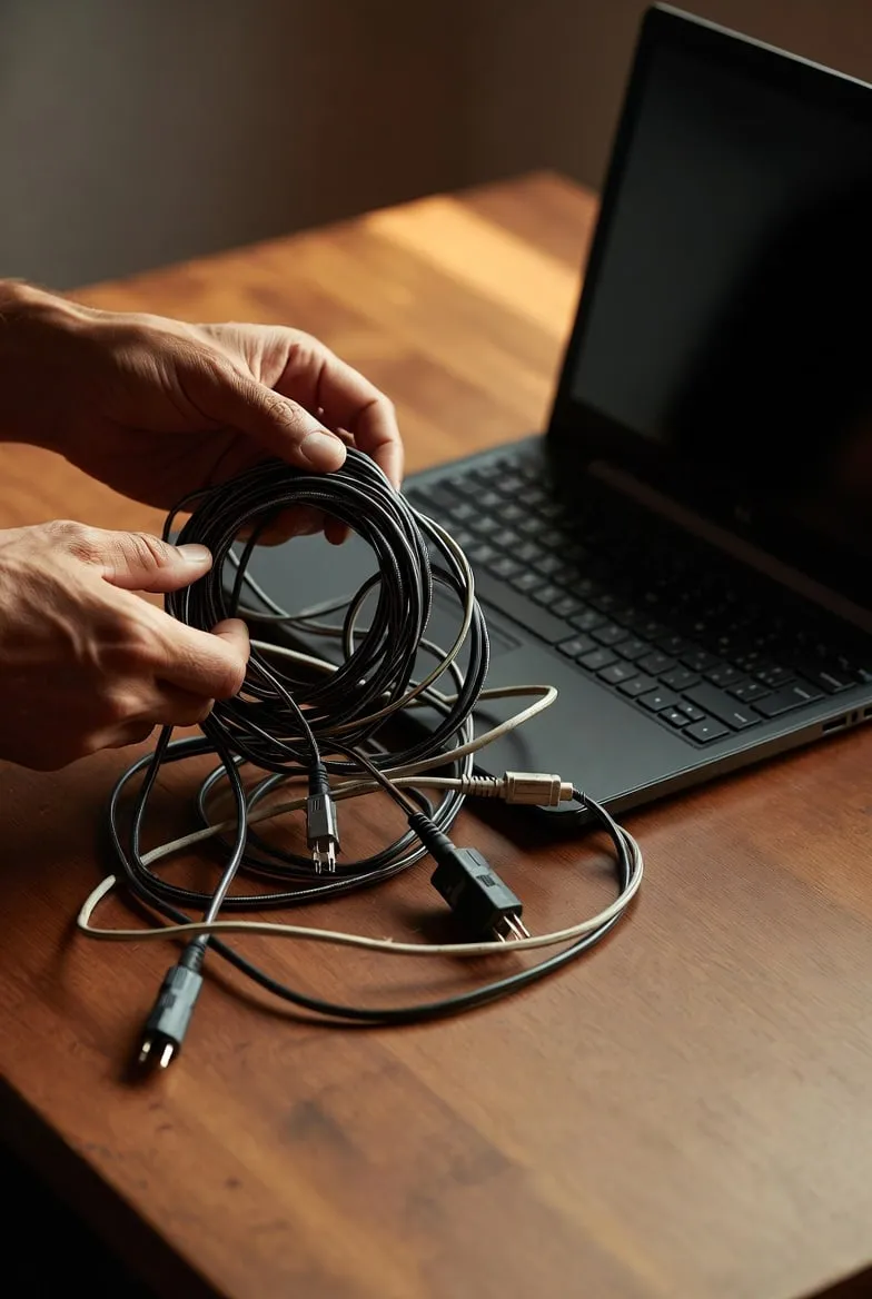 Hands coiling up a tangle of old cables beside a single laptop on a clean wooden desk