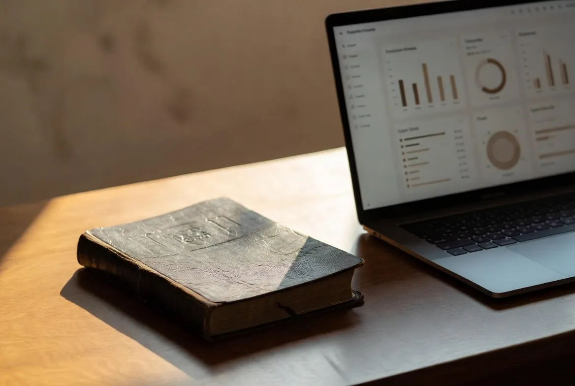 A closed, old ledger book set aside on a clean wooden desk beside a laptop showing a tidy modern dashboard