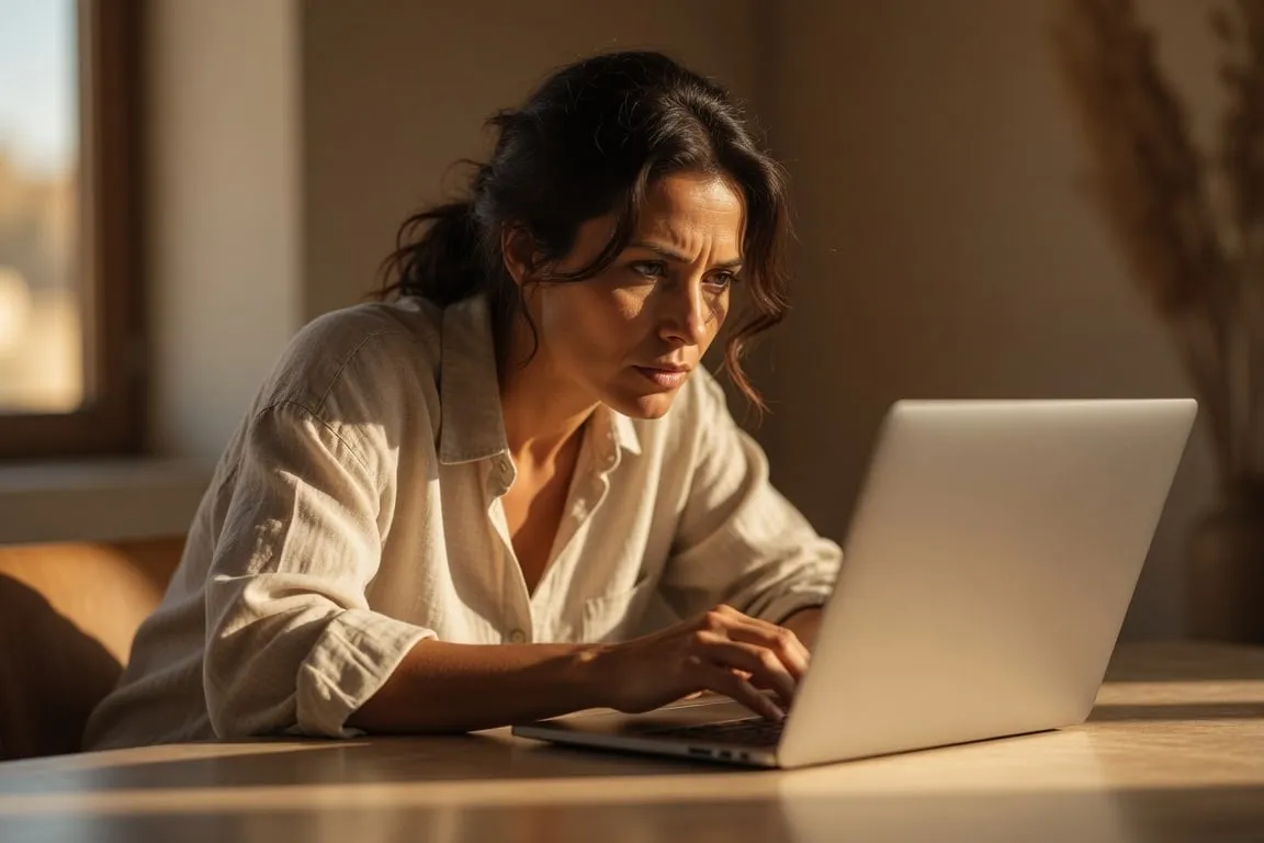 A person leaning over a laptop, focused and directing the work in a warm, sunlit room