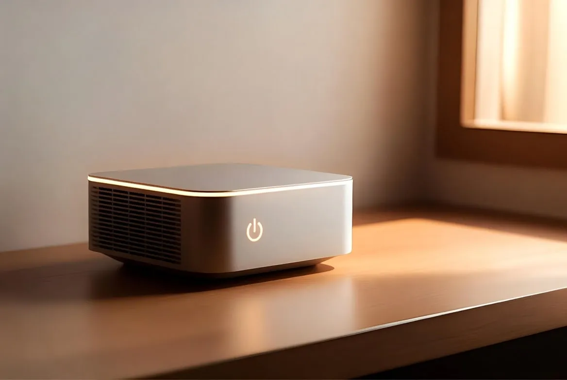 A small, sleek desktop AI computer glowing softly on a warm wooden desk
