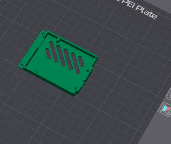 Slicer view of a green 3D-printed Arduino Uno Q case base with diagonal vent slots on a PEI build plate